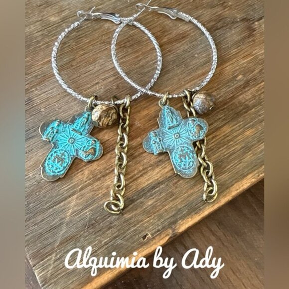 Rustic cross and jasper charms chain fringe hoops - Picture 1 of 1